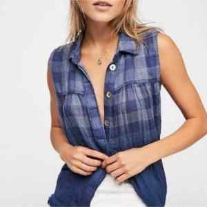 FREE PEOPLE Button Up Plaid Ombré Blouse Size XS Classic Boho Chic Retro Beach